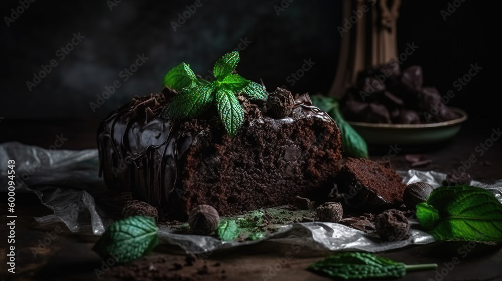 Chocolate Cake with Peppermint Leaf - Generative AI Chocolate Cake with Peppermint Leaf - Generative AI