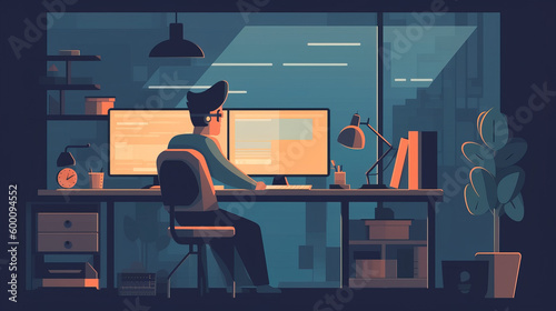 Flat Illustration of a Man Sitting at a Desk with PC - Generative AI