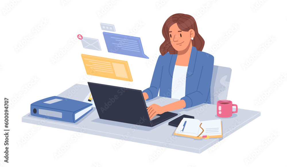 Business woman at desktop. Office employee working on a laptop, group corporate chat and checking mail Business woman at desktop. Office employee working on a laptop, group corporate chat and checking mail
