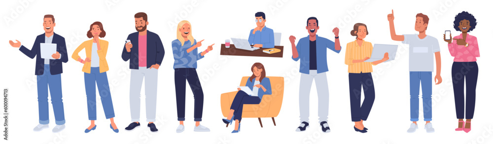 Business people in different actions. Men and women work, communicate. Collection of characters