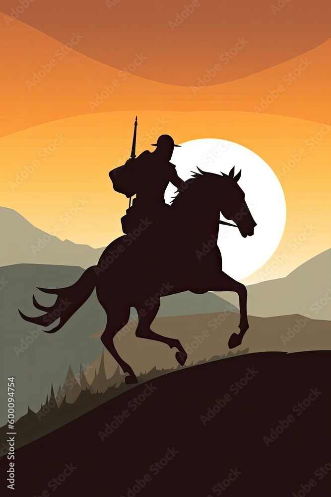 Cowboy riding horse, golden hour, generated with Ai