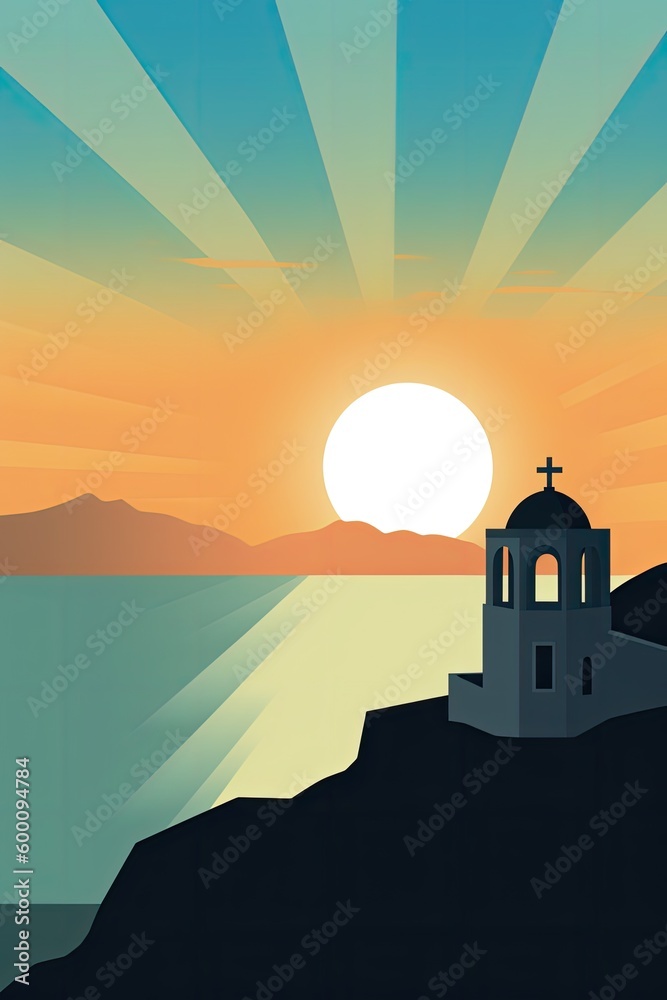 Greek landscape, inspiration San Torino, church and sea, generated with AI generative tool