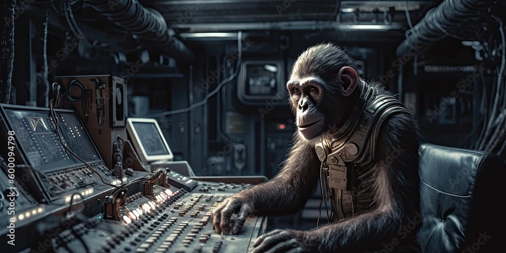 A monkey controlling the systems of a spaceship. Generative AI