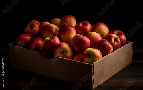 Red apples in a carton delivery box. Generative AI technology.