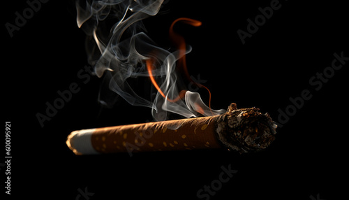 Artistic recreation of tobacco cigarette firing in black background. Illustration AI photo