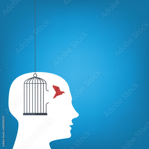 Flying bird and cage. Freedom. Free your mind concept. Emotion of freedom and happiness. Minimalist style.