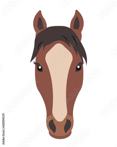 Brown Horse face. Farm domestic animal head icon isolated on white background. Vector flat or cartoon illustration.