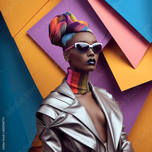 abstract high fashion model wearing avant-garde clothing and accessories, crazy surreal wall design, fictional person created with generative ai photo