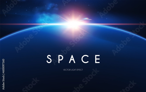 Planet with sun rays. Cosmic sunrise and sunset. Solar ring abstract light effect. Universe design.