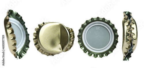 Set bottle cap for beer isolated on white, macro and clipping path