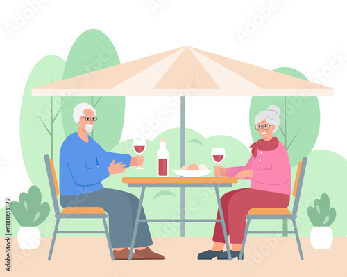 Senior man and woman at restaurant terrace with glasses of wine. Elderly couple spending time together oudoors. Active lifestyle retiree for grandparents. Vector cartoon or flat illustration.