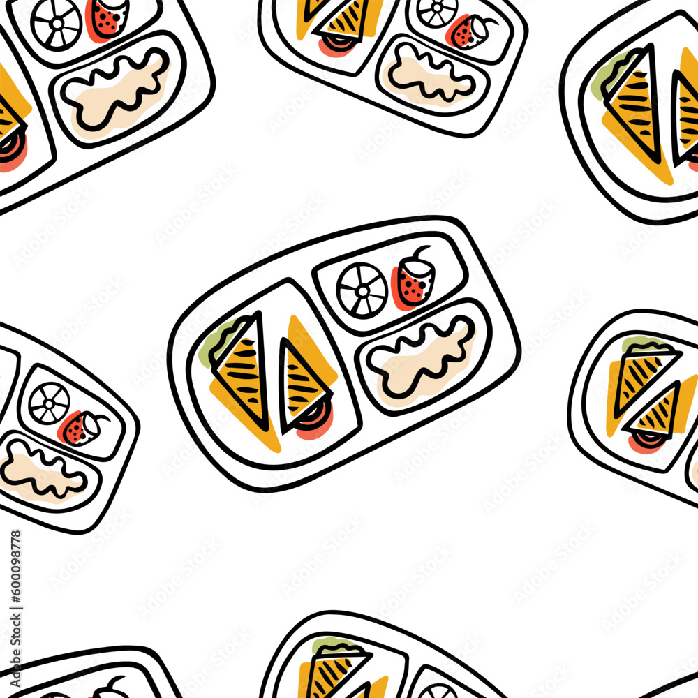 Naklejka premium Seamless pattern .Doodle lunchbox. School breakfast. Back to school. Food to go