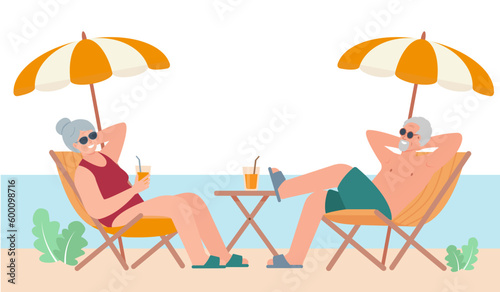 Senior couple on beach under umbrellas. Elderly smiling man and woman sunbathing. Retirement, travel, summer tourism, active old age concept. Vector flat illustration.