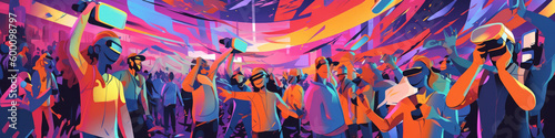Pioneering Metaverse Journey: Dynamic Illustration of Man and Woman in VR Headsets Exploring Virtual Worlds. Banner background illustration with copy space. AI Generative