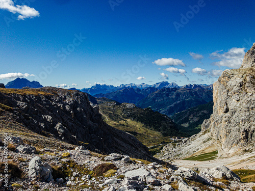 Walking in the Dolomites in Italy. Hiking in the mountains in Tofany.