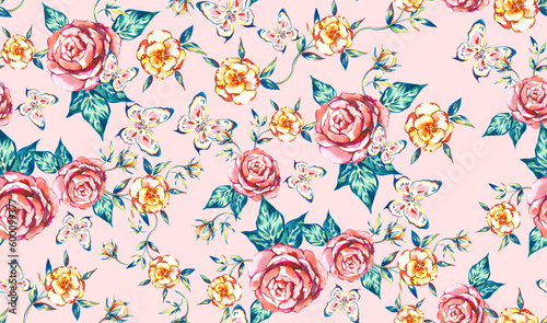 Picturesque bright seamless floral and butterfly pattern pink roses watercolor painted in oil with large strokes for wallpapers, textiles, cards, posters, prints. © Arina