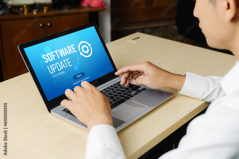Software update on computer for modish version of device software upgrade - obrazy, fototapety, plakaty 