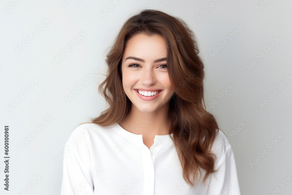 portrait of young happy woman looks in camera. Generative AI portrait of young happy woman looks in camera. Generative AI