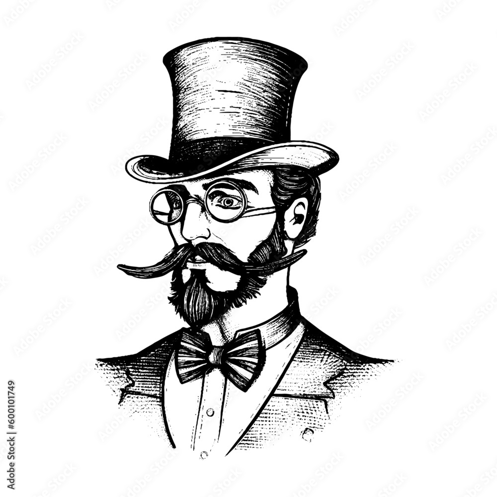 Elegant gentleman in top hat with mustache and whisker. Vintage style ...