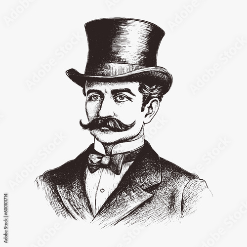 Elegant gentleman in top hat with mustache and whisker. Vintage style. Victorian Era hand drawn vector illustration retro english man dandy isolated