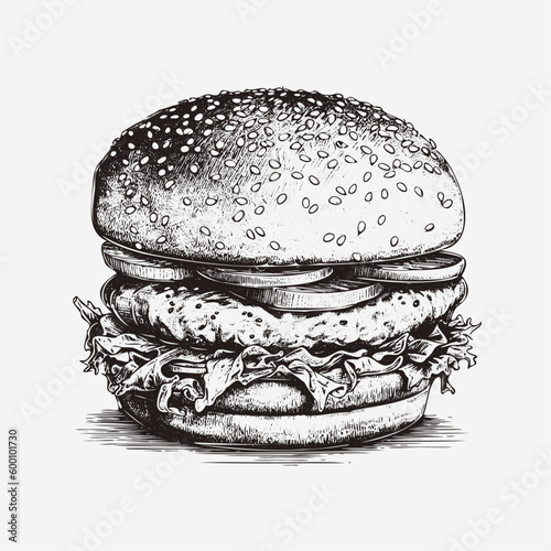 Vector illustration engraving american burger vector hamburger vintage style isolated on white