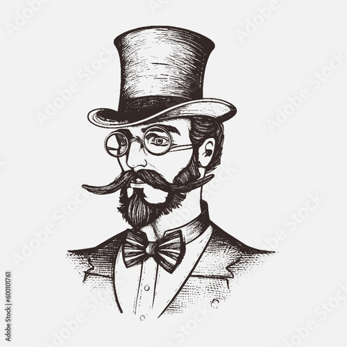 Elegant gentleman in top hat with mustache and whisker. Vintage style. Victorian Era hand drawn vector illustration retro english man dandy isolated