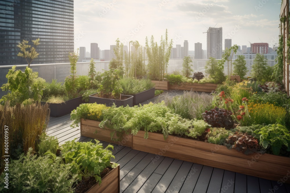 Fototapeta premium Ecology concept. Wooden boxes with an urban garden on a terrace. Generative AI