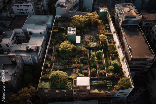 Urban garden on a roof of city building. Generative AI