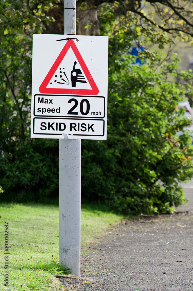 Skid risk road speed limit safety sign