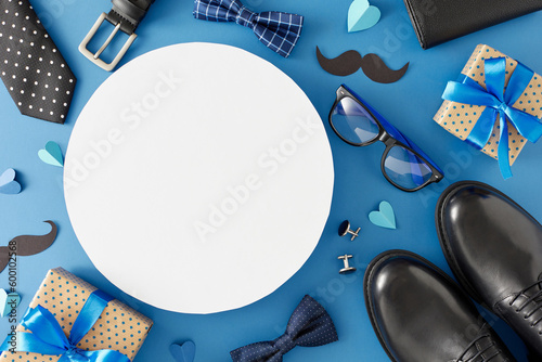 Father's Day celebration concept. Top view flat lay photo of gift boxes trendy shoes mustache men's accessories and paper hearts on blue background with circle blank for text or advert