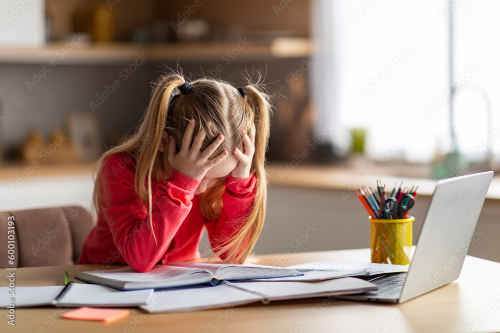 Dyslexia Concept. Little Girl Struggling With Homework, Having Reading Difficulties - obrazy, fototapety, plakaty 
