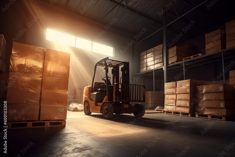 storage transportation cargo logistic warehouse box distribution delivery sun forklift. Generative AI.