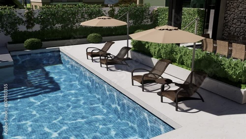 Garden with swimming pool and seating area. 3D video.