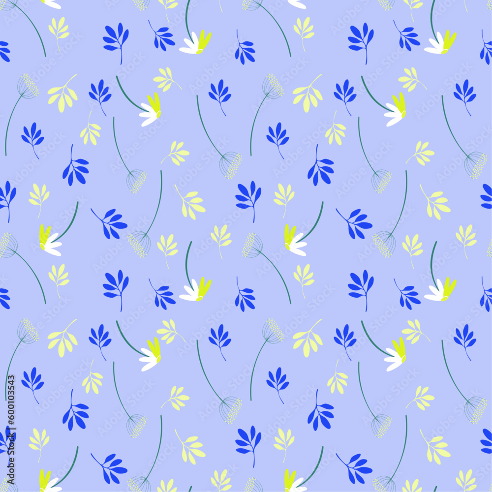 summer floral seamless pattern of herbs, daisies on a blue background for wallpaper, fabric, packaging summer floral seamless pattern of herbs, daisies on a blue background for wallpaper, fabric, packaging