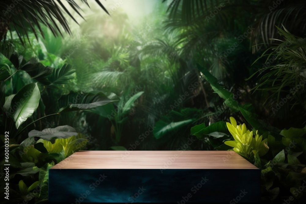 green up space wooden color mock palm podium platform leaf design. Generative AI.