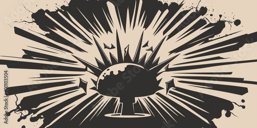Vintage retroo cartonn comics ink abstract drawing texture background with huge atomic explosion. Graphic Art