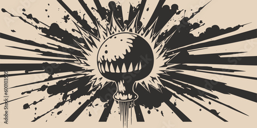 Vintage retroo cartonn comics ink abstract drawing texture background with huge atomic explosion. Graphic Art