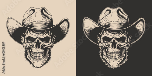 Set of vintage retro scary hipster cawboy skull in hat. Can be used like emblem, logo, badge, label. mark, poster or print. Monochrome Graphic Art. Vector. Hand drawn element in engraving