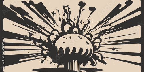 Vintage retroo cartonn comics ink abstract drawing texture background with huge atomic explosion. Graphic Art
