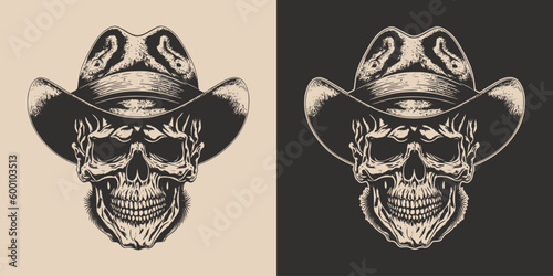 Set of vintage retro scary hipster cawboy skull in hat. Can be used like emblem, logo, badge, label. mark, poster or print. Monochrome Graphic Art. Vector. Hand drawn element in engraving