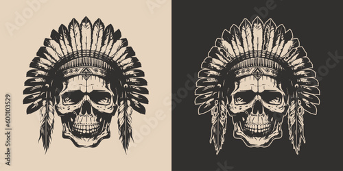 Set of vintage retro scary native american indian apache chief skull with feathers. Can be used like emblem, logo, badge, label. mark, poster or print. Monochrome Graphic Art. Vector. 