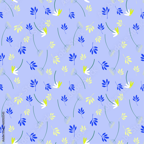 summer floral seamless pattern of herbs, daisies on a blue background for wallpaper, fabric, packaging