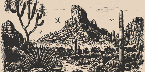 Mountain desert texas background landscape. Wild west western adventure explore inspirational vibe. Graphic Art. Engraving Vector