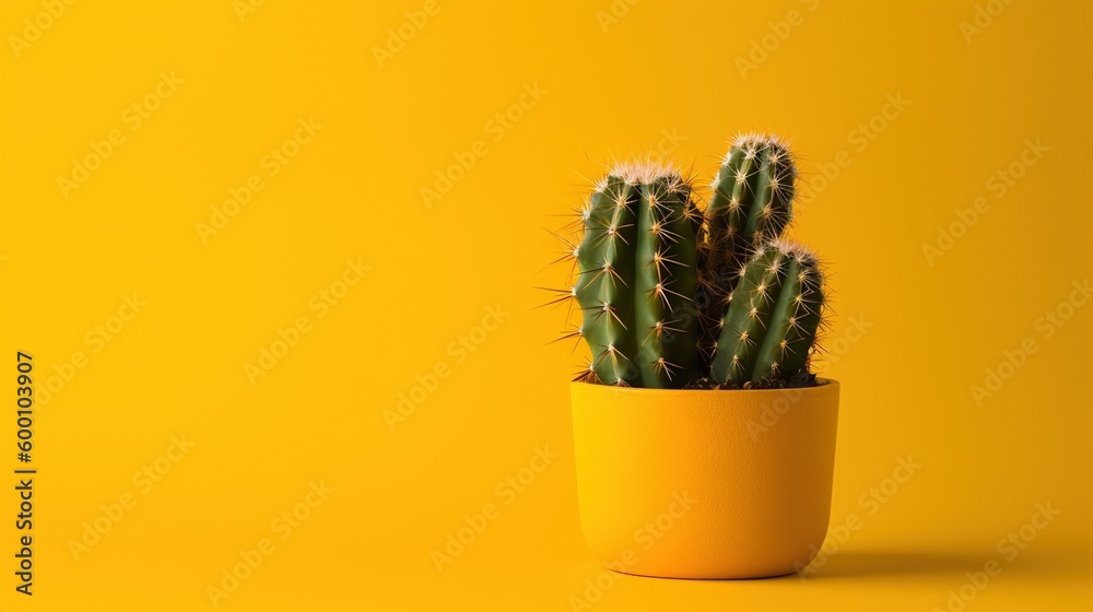 Cactus in yellow pot on yellow background with copy space, Minimal style.Generative Ai Cactus in yellow pot on yellow background with copy space, Minimal style.Generative Ai
