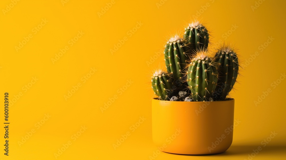 Cactus in yellow pot on yellow background with copy space, Minimal style.Generative Ai Cactus in yellow pot on yellow background with copy space, Minimal style.Generative Ai