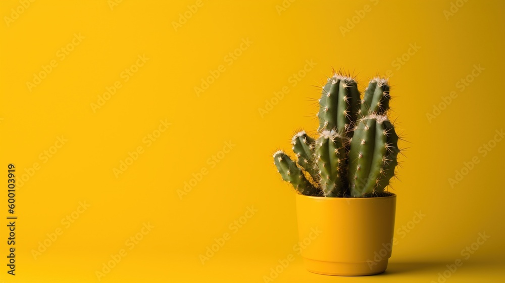 Cactus in yellow pot on yellow background with copy space, Minimal style.Generative Ai Cactus in yellow pot on yellow background with copy space, Minimal style.Generative Ai