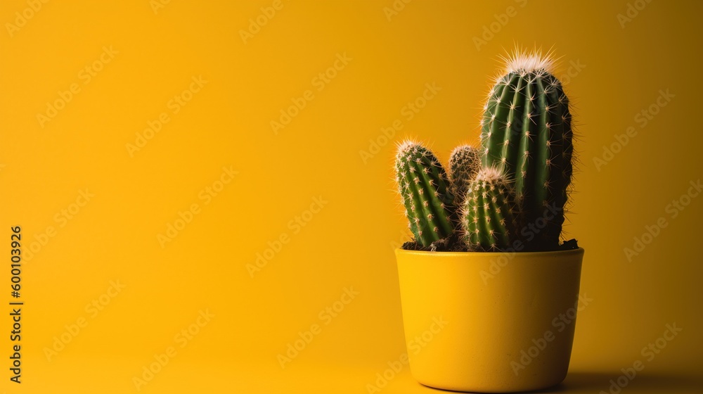 Cactus in yellow pot on yellow background with copy space, Minimal style.Generative Ai Cactus in yellow pot on yellow background with copy space, Minimal style.Generative Ai