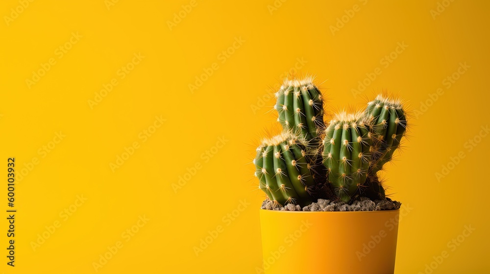 Cactus in yellow pot on yellow background with copy space, Minimal style.Generative Ai Cactus in yellow pot on yellow background with copy space, Minimal style.Generative Ai