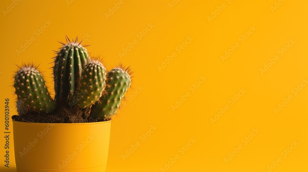Cactus in yellow pot on yellow background with copy space, Minimal style.Generative Ai Cactus in yellow pot on yellow background with copy space, Minimal style.Generative Ai