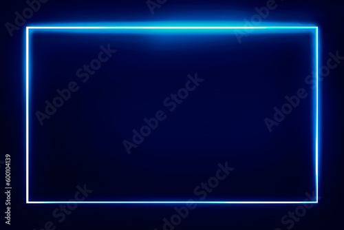Abstract glowing neon light frame background with the dark blue backdrop and free space. Modern glowing light frame wallpaper concept